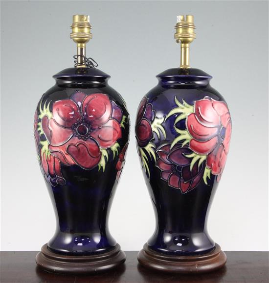 A pair of Moorcroft Anemone pattern lamp bases, late 20th century, 36.5cm. incl. metal fittings